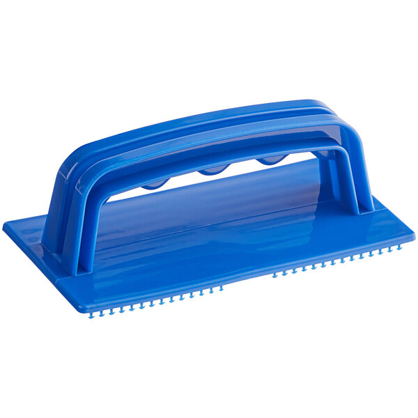 A blue plastic rectangular pad holder with a handle and small bristles on the bottom.