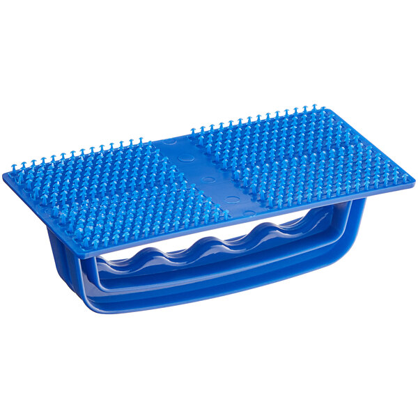 A blue rectangular plastic holder with a textured surface featuring short bristles and a handle underneath.