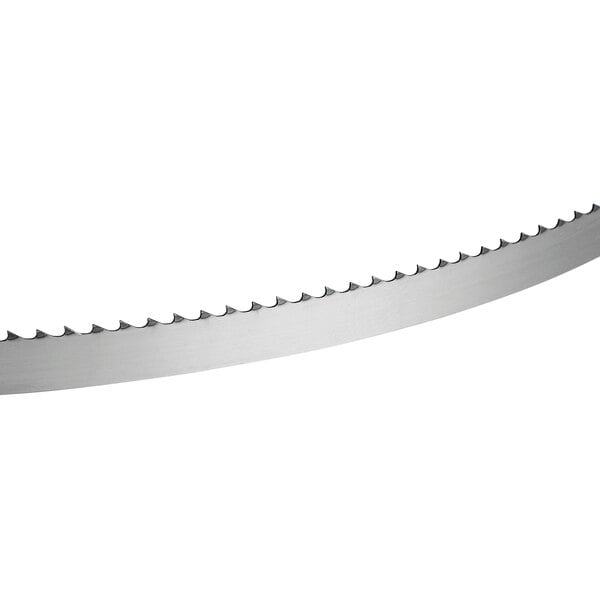 A steel band saw blade with sharp teeth designed for cutting frozen meat and general use.
