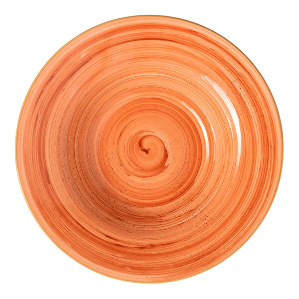 A round orange rimmed deep coupe plate with a swirled design.