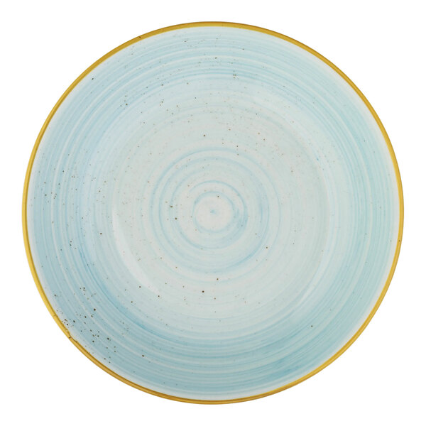 A round light blue deep coupe plate with a yellow rim.