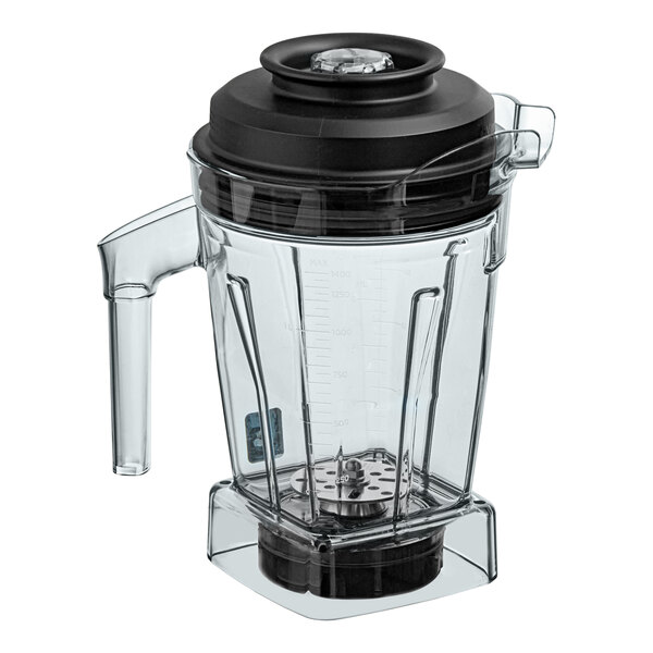 A clear 48 oz. Vitamix blender container jar with a black lid and aerating blade, designed for use with Quick & Quiet blenders.