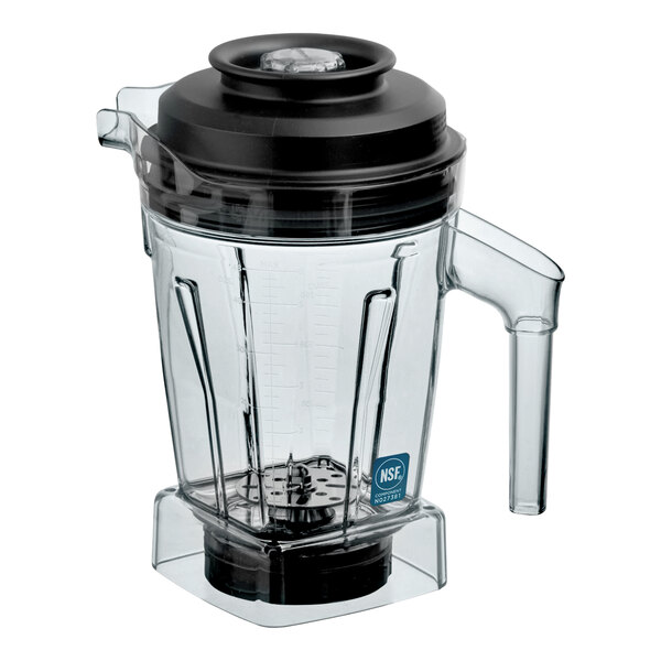 A clear 48 oz. Vitamix Eastman Tritan container jar with a black lid and aerating blade, designed for use with Quick & Quiet blenders.