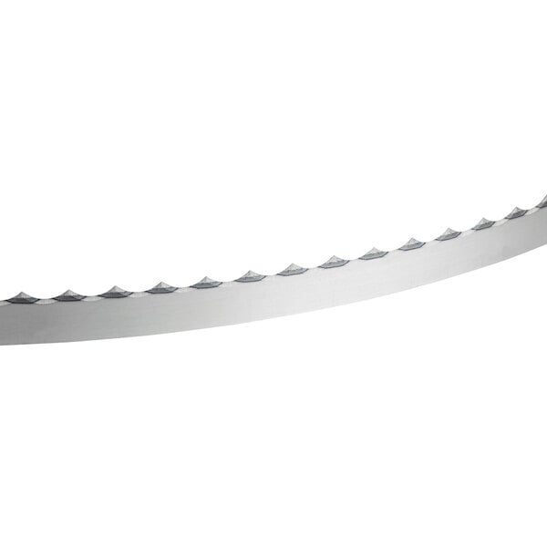 A steel band saw blade with serrated teeth designed for cutting boneless meat.