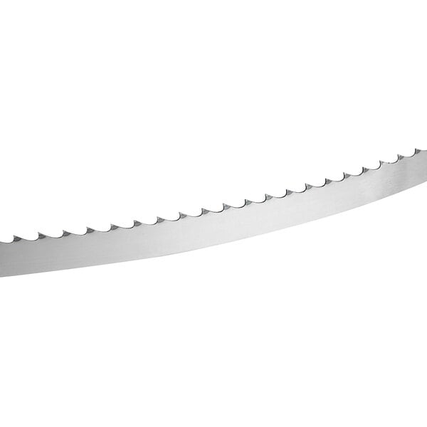 A steel band saw blade with evenly spaced teeth for general cutting use.