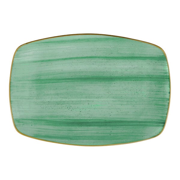A rectangular mint green porcelain platter with a subtle striped pattern and gold trim.