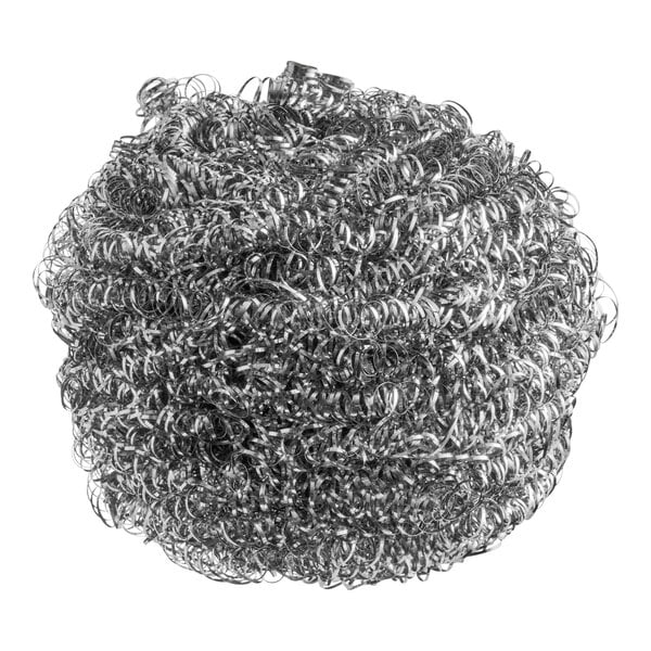 A round, tightly coiled metallic scrubber made of shiny stainless steel wire.