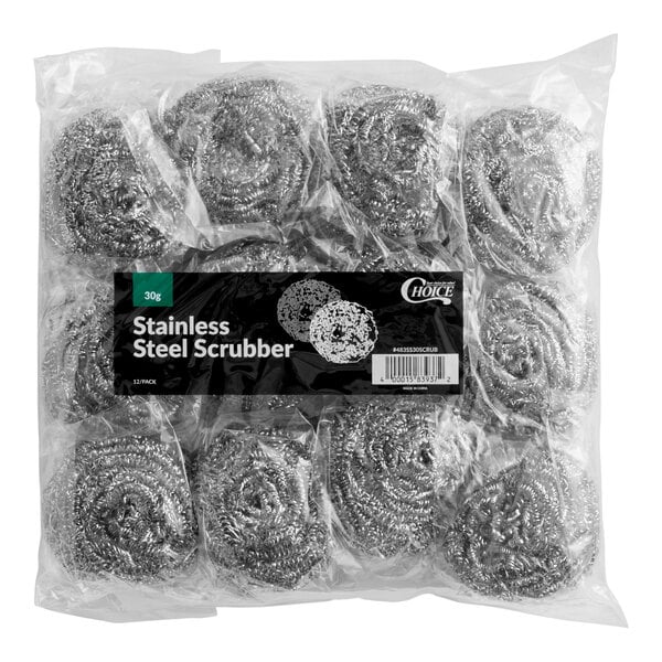 A clear plastic package containing multiple stainless steel scrubbers, with a black label displaying product information.