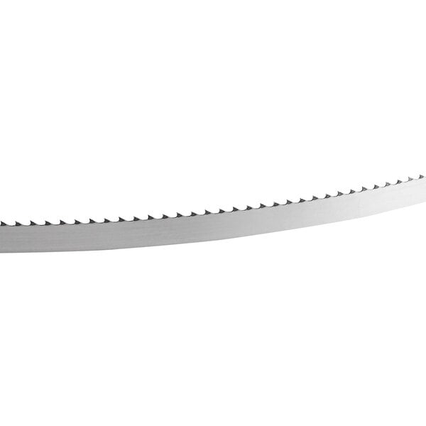 A steel band saw blade with sharp teeth designed for cutting frozen meat and general use.