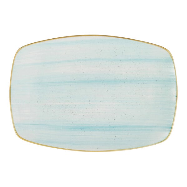 A rectangular light blue porcelain platter with a subtle gradient and rounded edges.