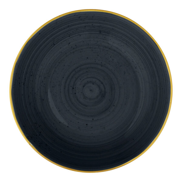 A round, slate gray deep coupe plate with a subtle textured pattern and a yellow rim.