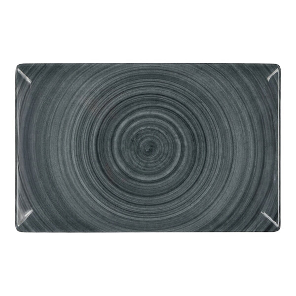 A rectangular gray melamine tray with a circular pattern design.