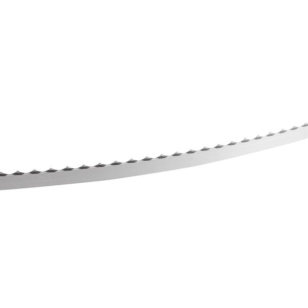 A steel band saw blade with a serrated edge designed for cutting boneless meat.