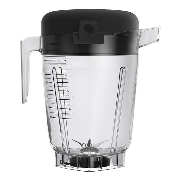 A large clear blender container with measurement markings, a handle, a spout, and a black lid, designed for use with a Vitamix commercial blender.