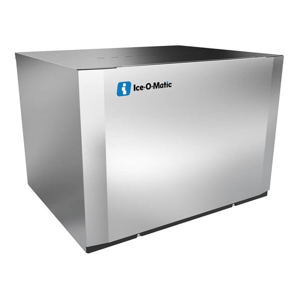 An Ice-O-Matic water-cooled half dice cube ice machine with a stainless steel exterior.