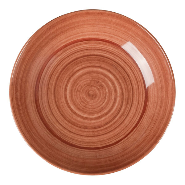 A round orange melamine coupe bowl with a 36 oz capacity.