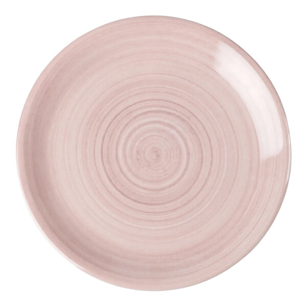 A round, pink melamine coupe plate with a subtle concentric circle pattern.
