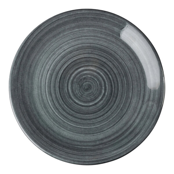 A round, gray melamine coupe plate with a subtle circular pattern.