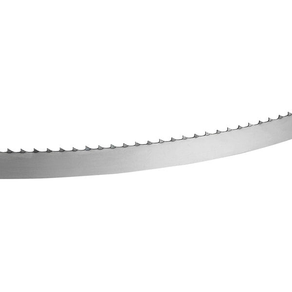 A steel band saw blade with sharp teeth designed for cutting frozen meat and general use.