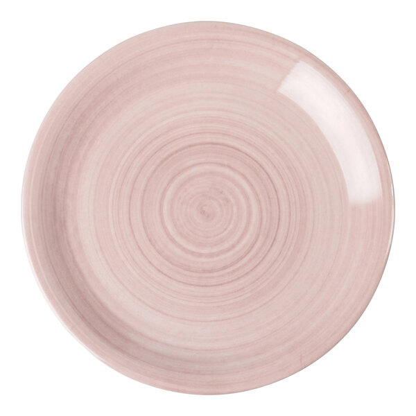 A round, pink melamine coupe plate with a subtle concentric circle pattern.
