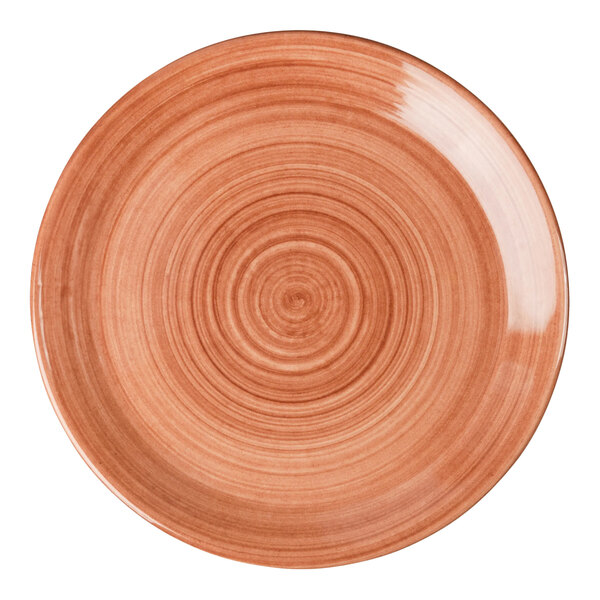 A round, orange melamine coupe plate with a subtle concentric circle pattern.