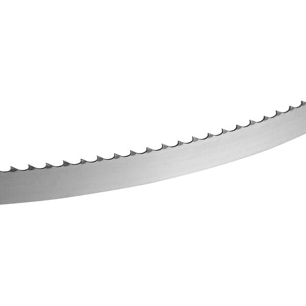 A steel band saw blade with sharp teeth designed for cutting frozen meat and general use.