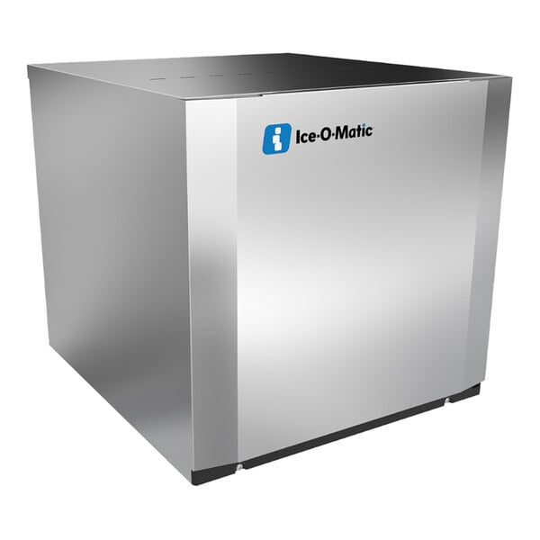 An Ice-O-Matic water-cooled half dice cube ice machine from the Elevation Series with a stainless steel exterior.