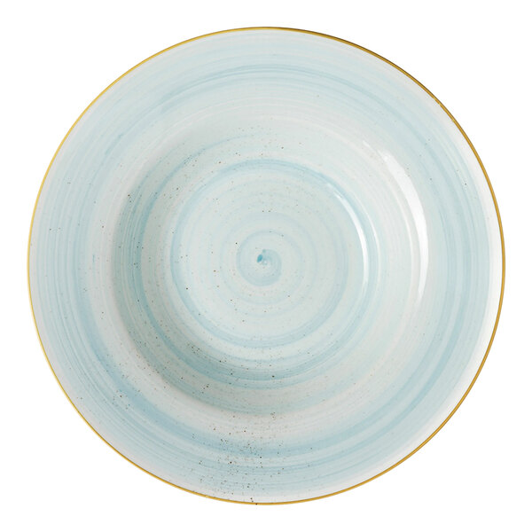 A round, light blue rimmed deep coupe plate with a subtle swirl pattern.