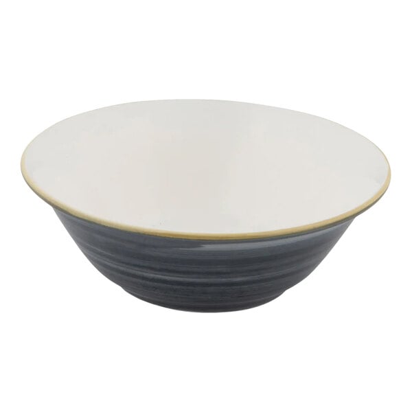 A round slate gray porcelain bowl with a white interior and a 12 oz. capacity.