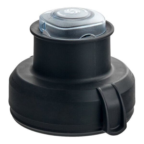 A black Vitamix tamper-access lid designed for an Accelerate container jar.