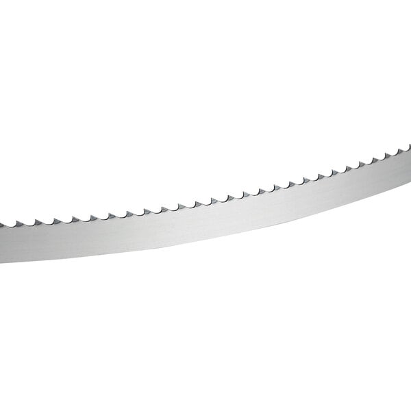 A steel band saw blade with sharp teeth designed for cutting frozen meat and general use.