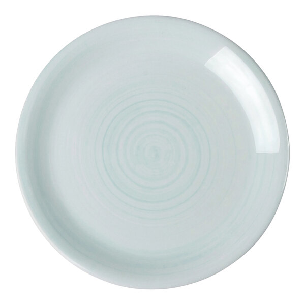 A round, light blue melamine coupe plate with a subtle circular pattern.