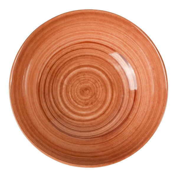 A round orange melamine coupe bowl with a 15 oz capacity.