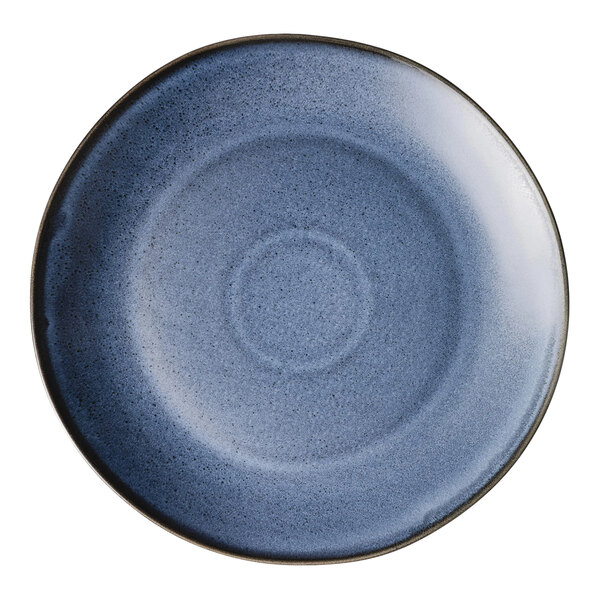 A round matte blue porcelain coupe plate.