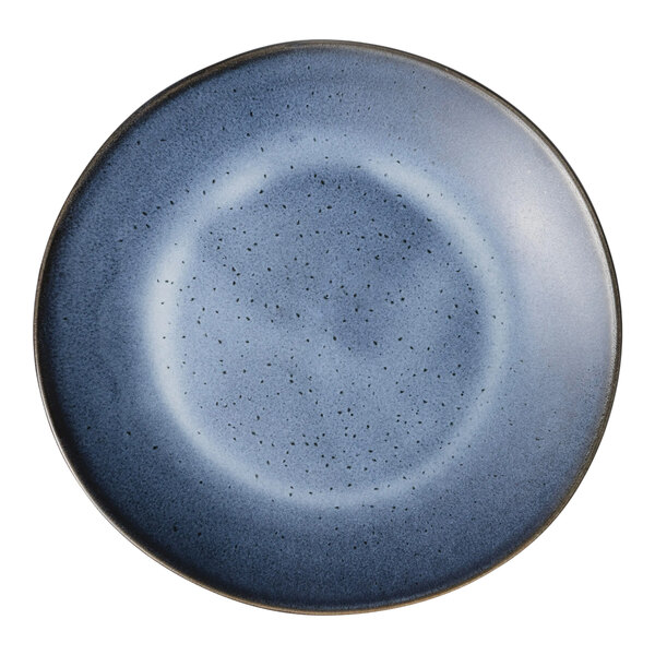 A round matte blue porcelain coupe plate with a speckled design.