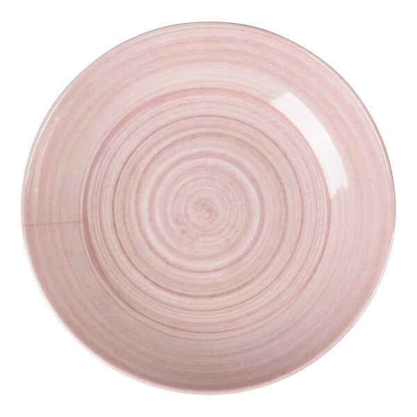 A pink melamine coupe bowl with a circular pattern, 36 oz capacity.