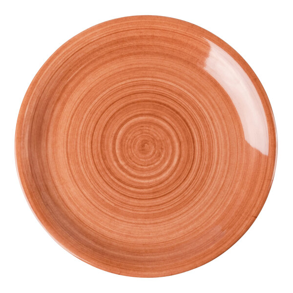 An orange 8-inch melamine coupe plate with a circular pattern.