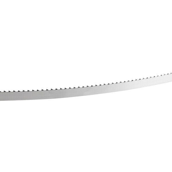 A steel band saw blade with sharp teeth designed for cutting frozen meat and general use.
