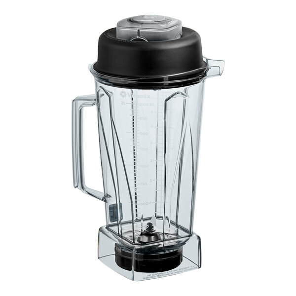 A clear 64 oz. Vitamix blender container jar with a black lid and handle.