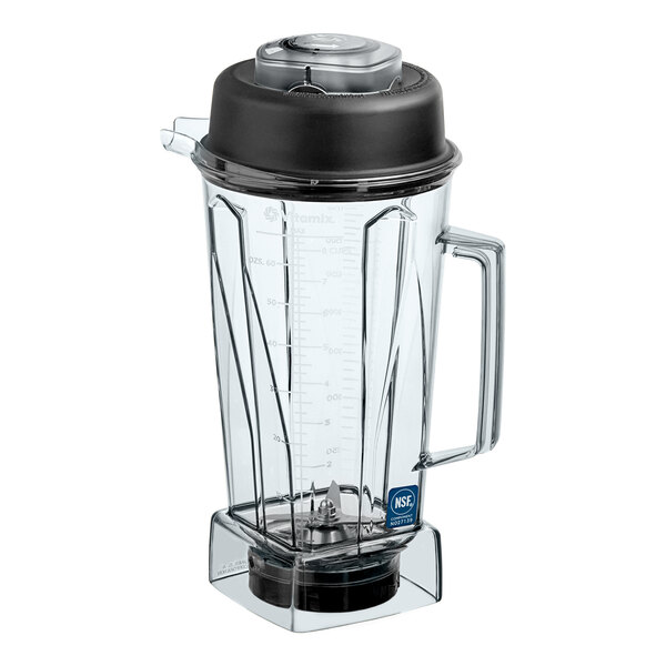 A clear 64 oz. Vitamix blender container jar with a black lid and handle.