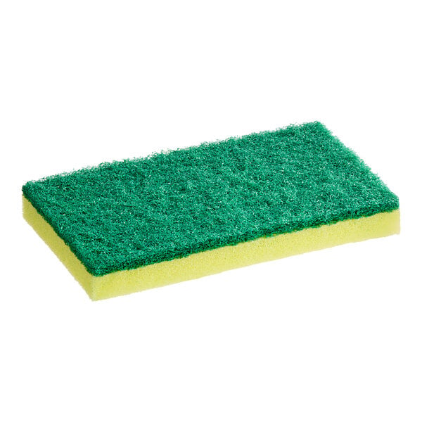 A rectangular yellow sponge with a green scouring pad on top.