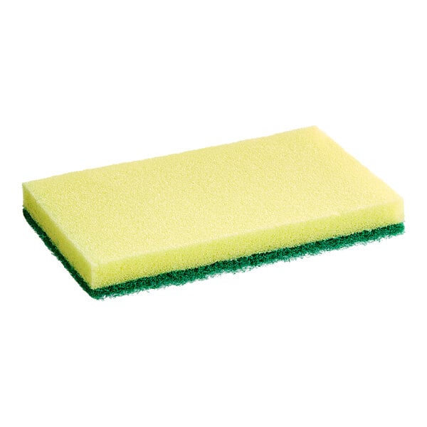 A rectangular yellow sponge with a green scouring pad attached to one side.