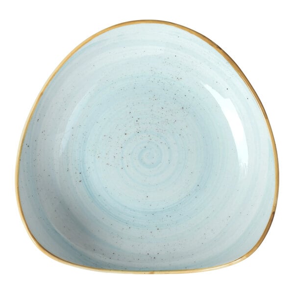 A light blue, triangular porcelain bowl with a gold rim.