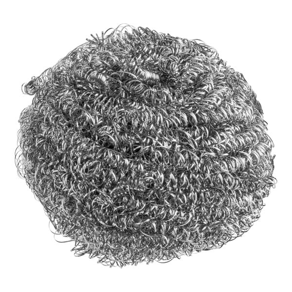 A round, coiled stainless steel scrubber with a textured, metallic appearance.