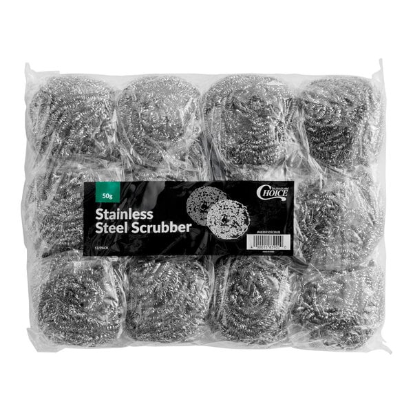 A package containing multiple stainless steel scrubbers, visible through clear plastic wrapping with a label on the front.
