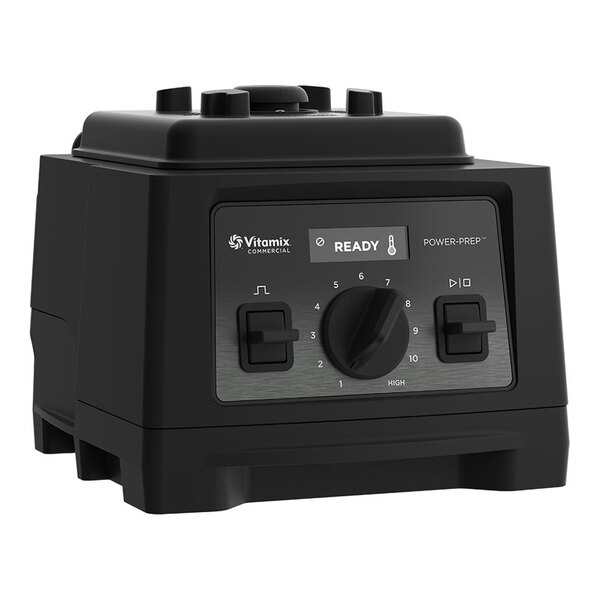 A black Vitamix Power-Prep 2.7 hp commercial blender base with control knobs and switches on the front panel.