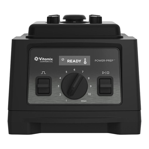 A black Vitamix Power-Prep 2.7 hp commercial blender base with control knobs and a digital display.