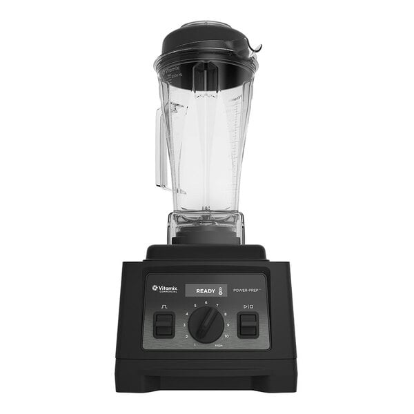 A black and silver Vitamix blender with a 64 oz. clear container and control panel on the base.