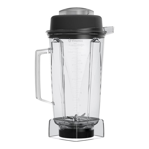 A clear plastic blender container with a handle, spout, and black lid, designed for use with a Vitamix blender.