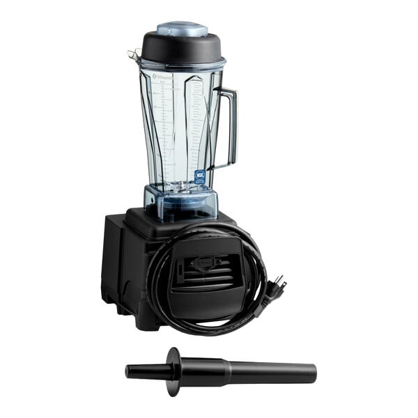 A commercial blender with a clear 64 oz. container, black base, and a separate tamper tool.